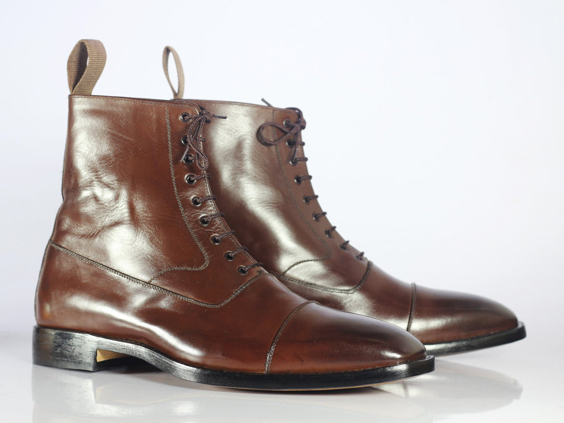 Mens Handmade Brown Color Ankle High Leather Boots, Men Cap Toe Lace Up Ankle High Boots