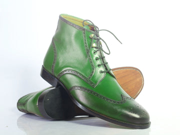 New Stylish Handmade Men's Green Leather Chukka Boots, Men Wing Tip Brogue Toe Lace Up Boots