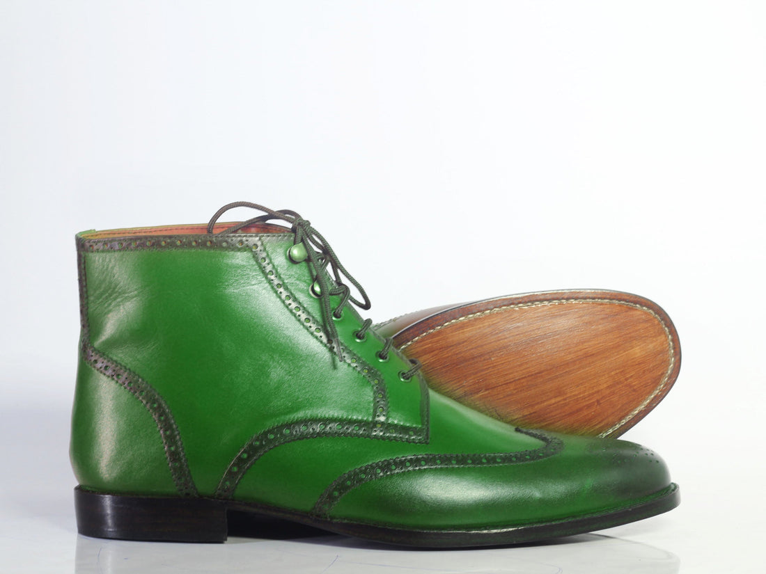 New Stylish Handmade Men's Green Leather Chukka Boots, Men Wing Tip Brogue Toe Lace Up Boots