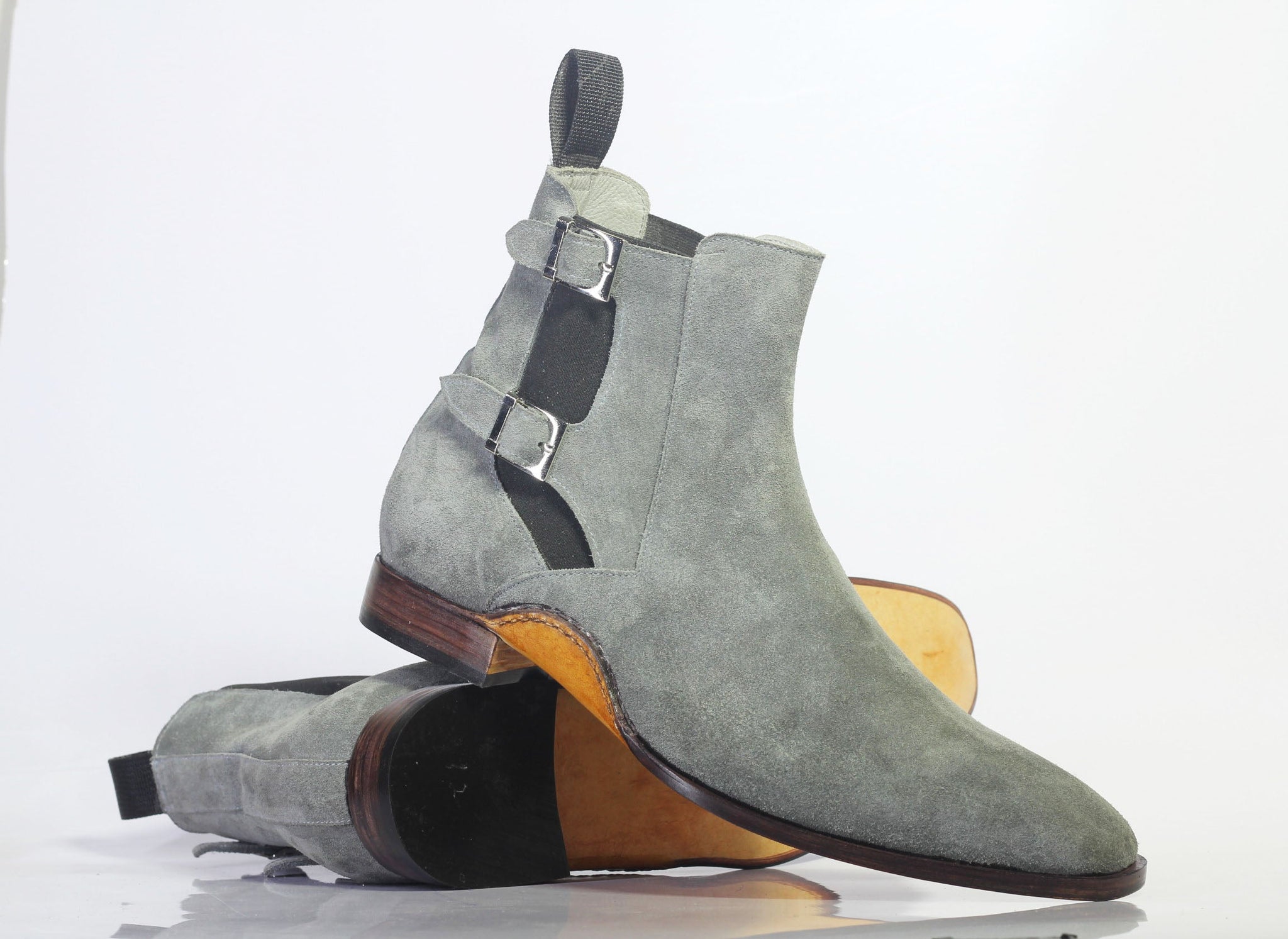 New Handmade Men's Gray Suede Buckle Up Boots, Men Ankle High Designer Fashion Boots