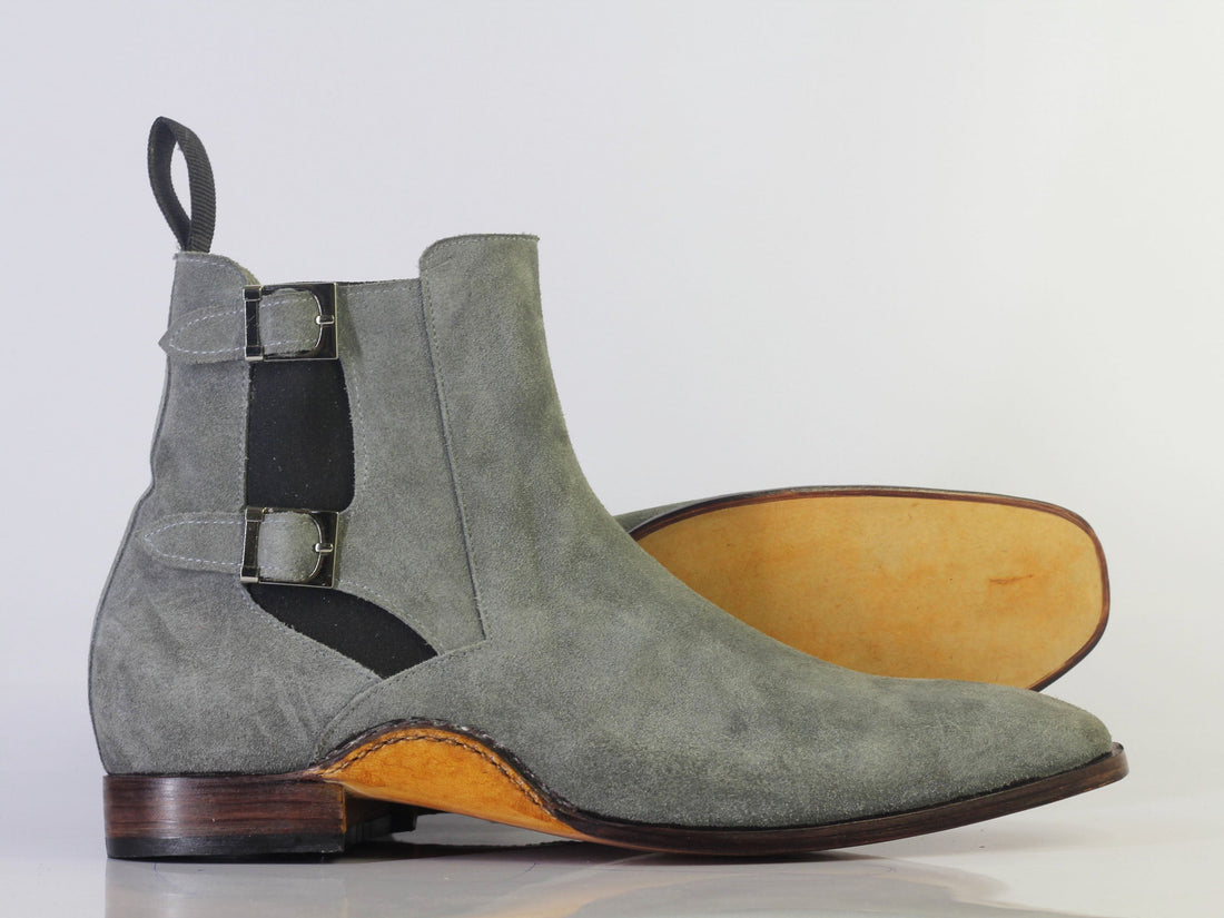 New Handmade Men's Gray Suede Buckle Up Boots, Men Ankle High Designer Fashion Boots