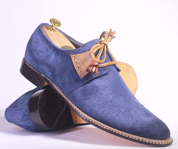 Mens Handmade Blue Color Suede Stylish Formal Lace Up Shoes