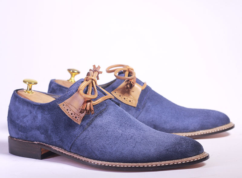 Mens Handmade Blue Color Suede Stylish Formal Lace Up Shoes