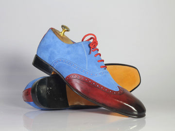 Mens Handmade Blue Brown Leather Wingtip Brogue Lace Up Designer Shoes, Mens Leather Suede Shoes