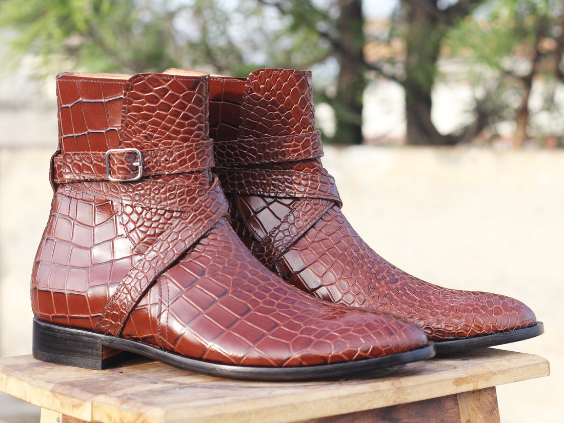 New Men's Handmade Brown Jodhpurs Alligator Texture Boots, Men Designer Dress Boots