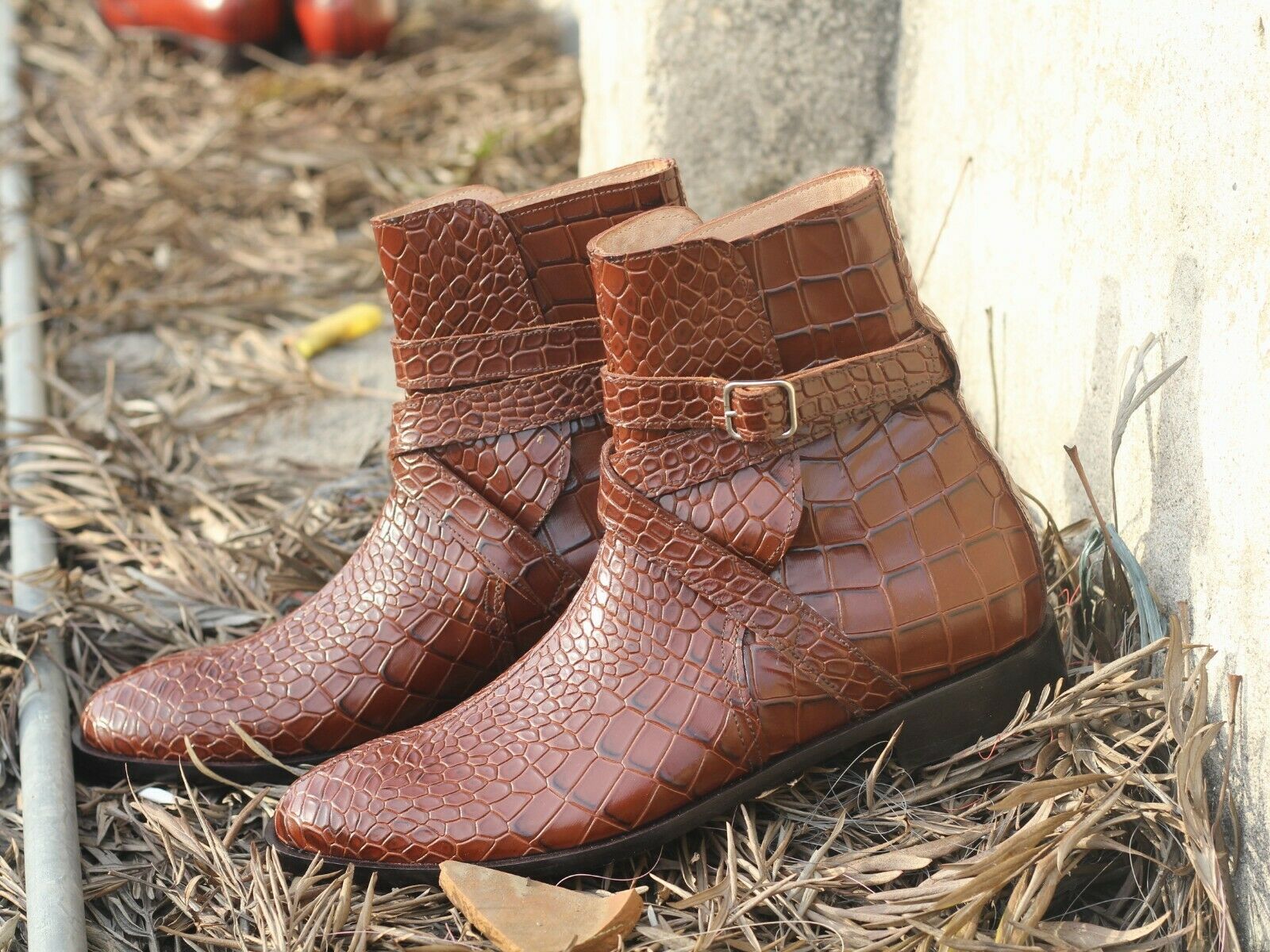 New Men's Handmade Brown Jodhpurs Alligator Texture Boots, Men Designer Dress Boots