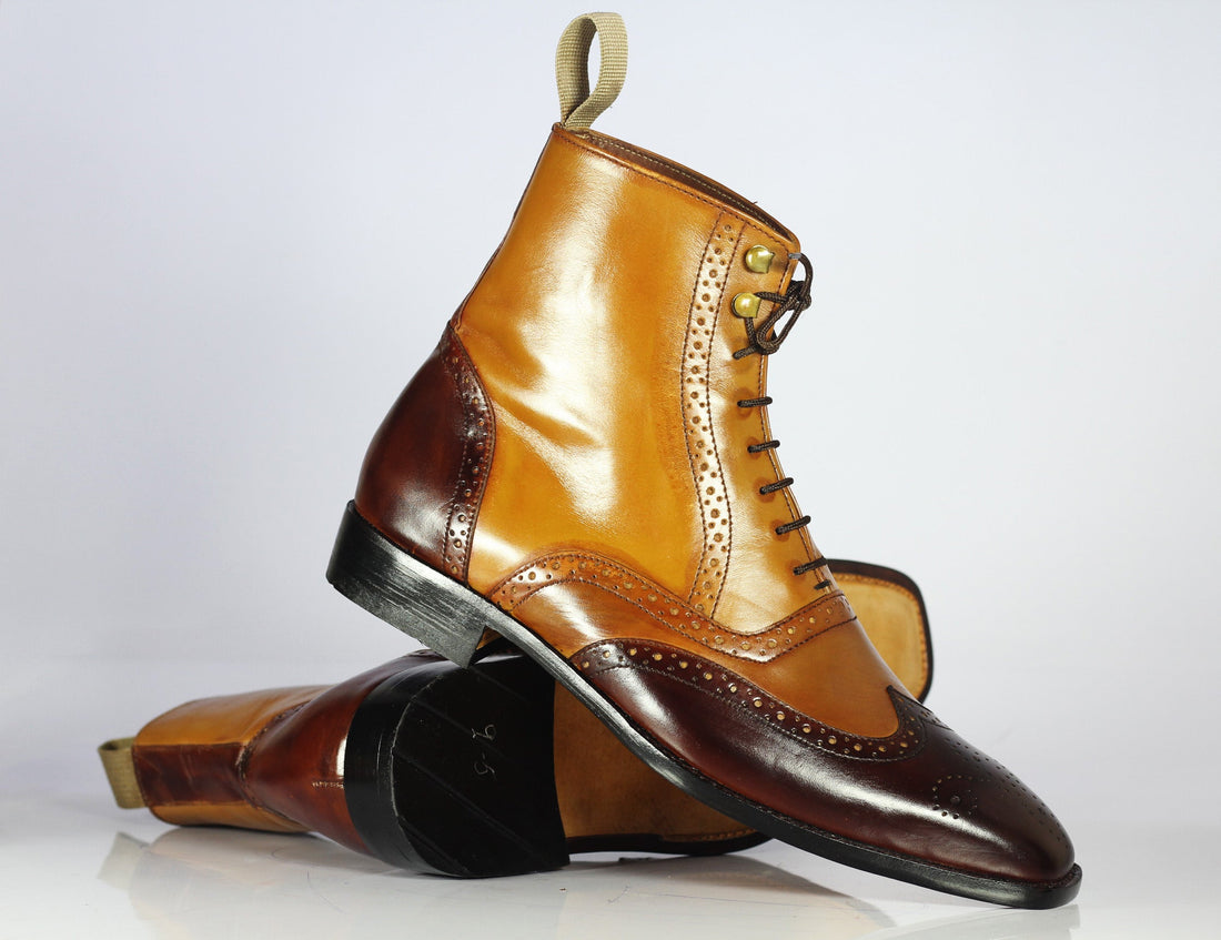 Mens Handmade Brown Two Tone Formal Ankle High Designer Boots, Men’s Ankle High Lace Up Boots