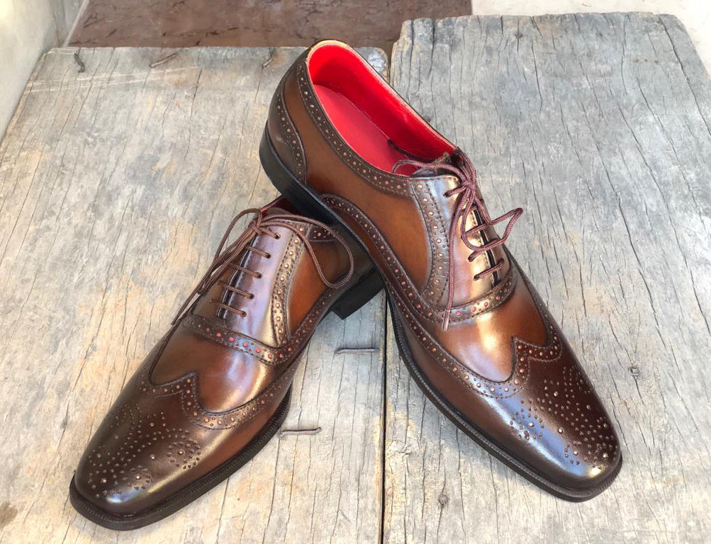 New Handmade Men's Brown Wing Tip Brogue Leather Shoes, Men Lace up Designer Shoes