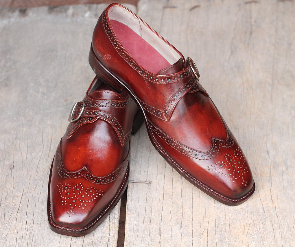 New Handmade Men's Burgundy Leather Dress Shoes, Men Monk Strap Wing Tip Shoes