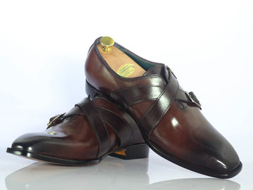 New Handmade Men's Brown Double Monk Leather Shoes, Men Designer Dress Shoes