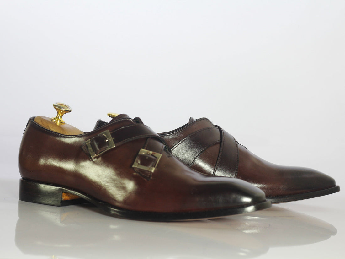 New Handmade Men's Brown Double Monk Leather Shoes, Men Designer Dress Shoes