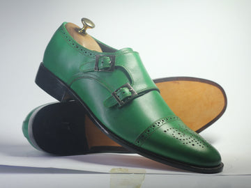 New Handmade Men's green Monk Strap Leather Shoes, Men Designer Dress Shoes