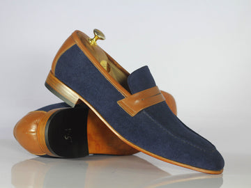 Mens Beautiful Handmade Leather Suede Brown Blue Shoes, Men’s Loafer Style Casual Shoes, Men Shoes