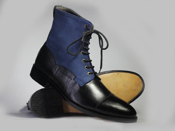 Men’s Handmade Formal Black Blue Leather Suede boots, Mens Cap Toe Ankle High Fashion Boots