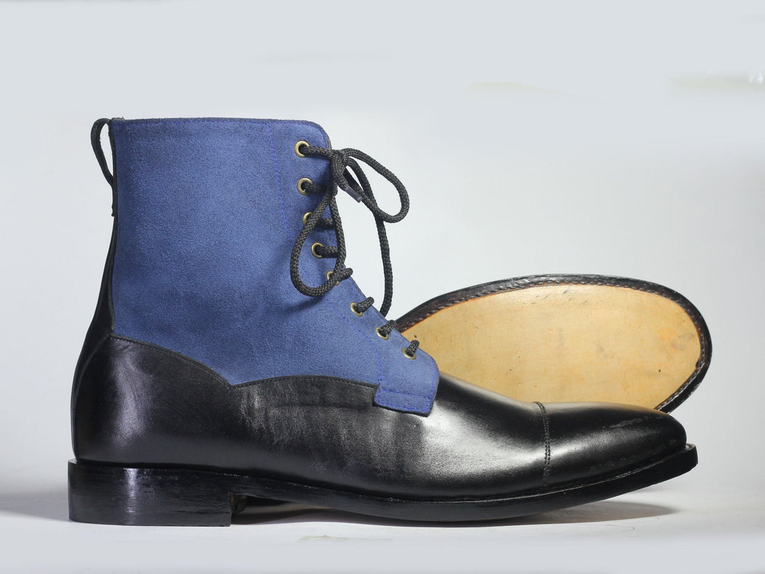 Men’s Handmade Formal Black Blue Leather Suede boots, Mens Cap Toe Ankle High Fashion Boots