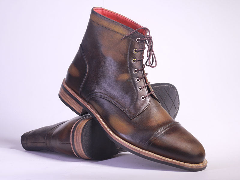 Men’s Handmade Brown Leather Round Toe Ankle High Boots, Mens Designer Leather Lace Up Boots