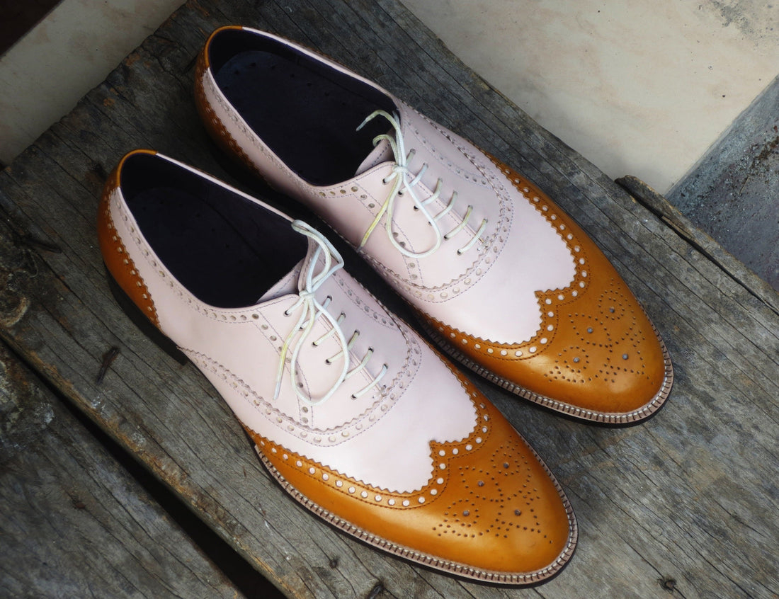 New Handmade Men's White Tan Leather Wing Tip Brogue Shoes, Men Designer Shoes