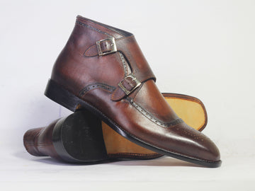 Mens Handmade Brown Color Double Monk Strap leather Chukka Boot’s, Men Half Ankle Fashion Boots