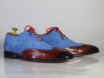 Men’s Handmade Blue Burgundy Leather Suede Shoe, Men Wingtip Brogue Toe Formal Designer Lace Up Shoes