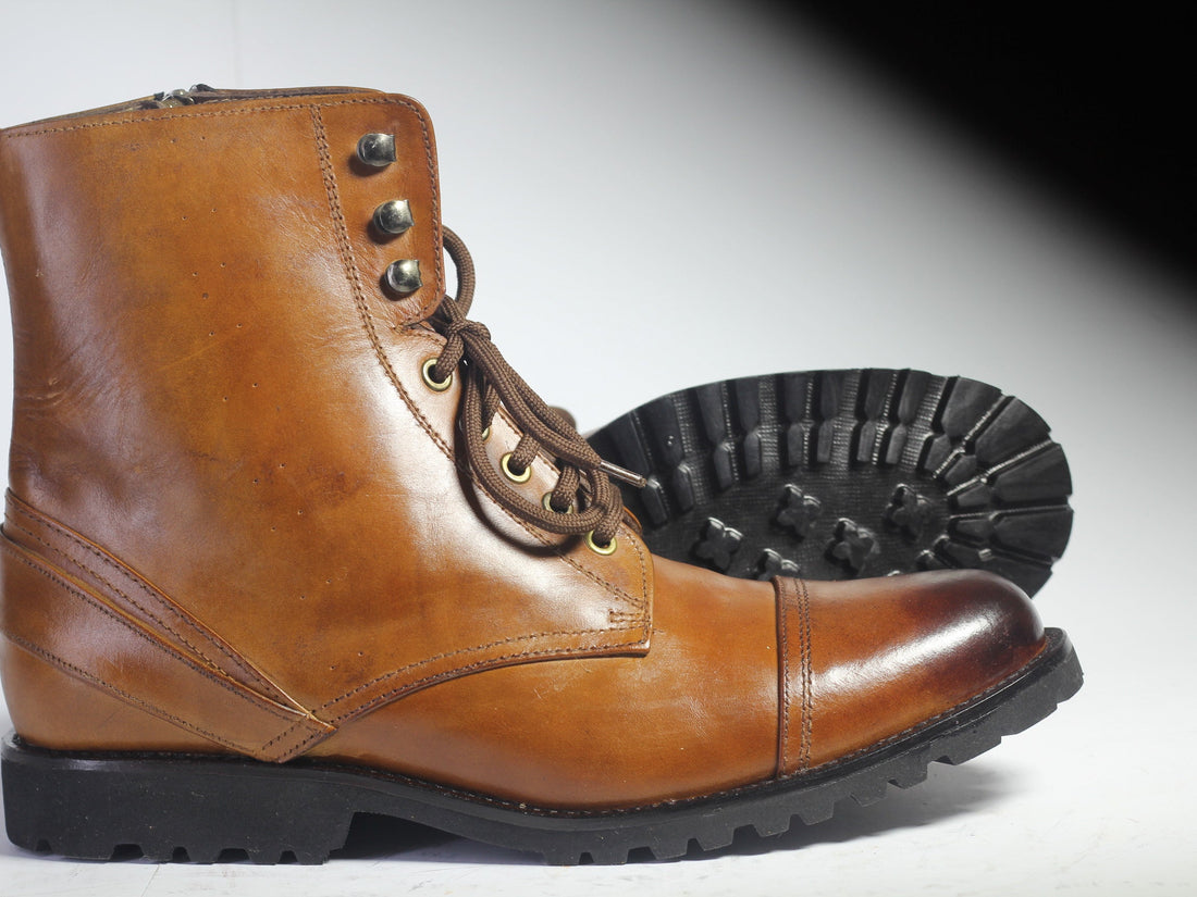 Mens Handmade Formal Brown Color Leather Cap Toe Boots, Men’s Ankle high Lace Up Boots