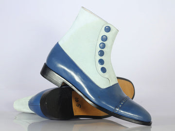 Men’s Handmade Blue White Cap Toe Button Boots, Mens Leather Suede Designer Boots