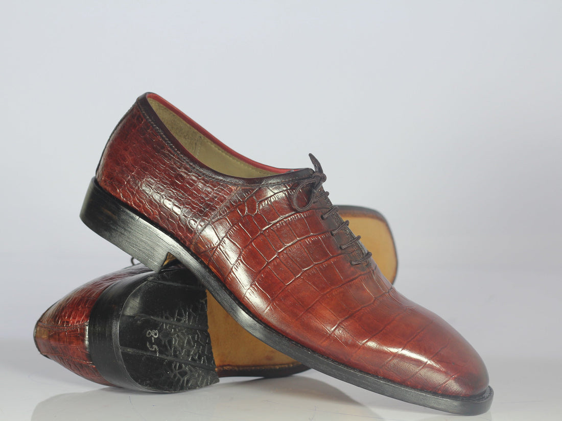 New Handmade Men's Burgundy Alligator Texture Whole Cut Shoes, Men Designer Shoes