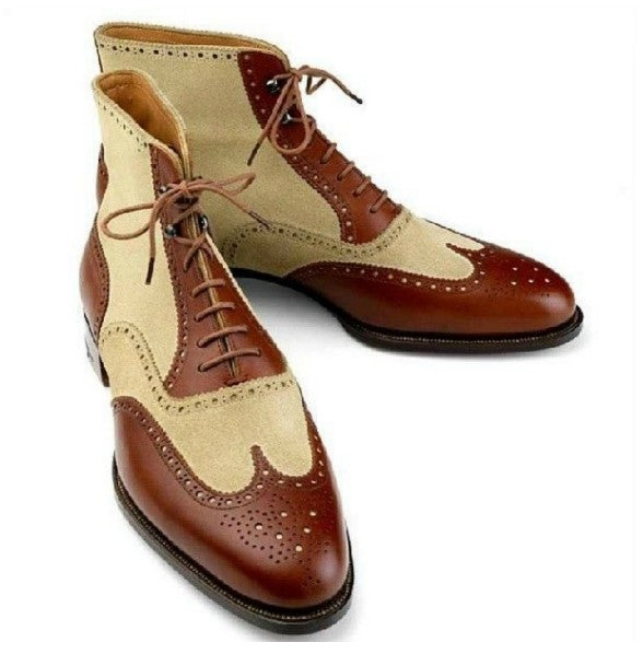 Stylish Men’s Handmade Formal Ankle High Brown Beige Leather Suede Boots, Men Designer Boots