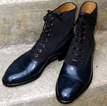 Mens Handmade Black Navy Color Leather Suede Ankle High Boots, Men Designer Brogue Toe Boots