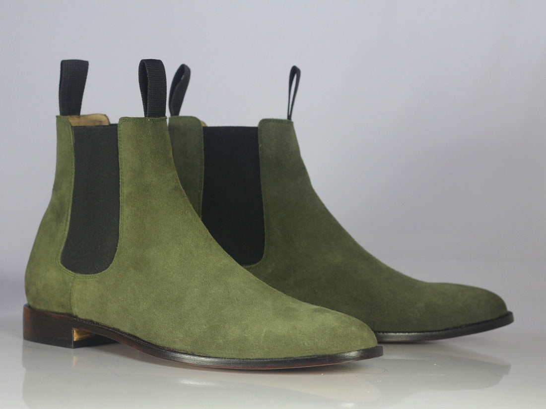 New Handmade Men's Green Suede Ankle High Chelsea boots, Men Designer Formal Boots