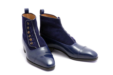 Men’s Handmade Blue Color Ankle High Cap Toe Leather Suede Boots, Men Button Boots