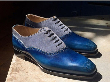 Mens Handmade Blue Leather Gray Suede Formal Designer Shoes, Mens Brogue Toe Lace Up Shoes