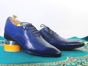 Handmade Men Blue Leather Pointed Toe Shoes, Men Dress Formal Designer Shoes