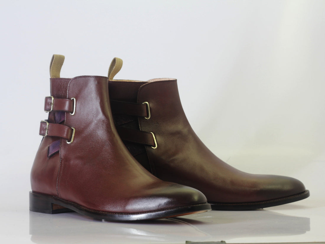 Men’s Handmade Burgundy Color Leather Double Buckle Ankle High Boots, Men Fashion Boots