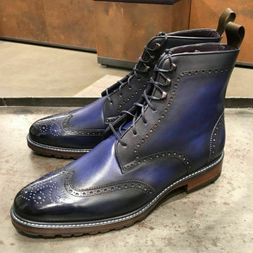 Mens Handmade Blue Color Wingtip Brogue leather Boots, Men Fashion Boots