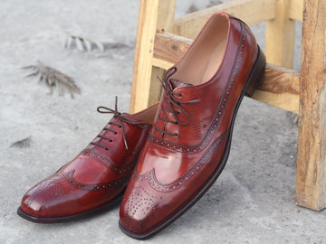 Luxury Handmade Men's Burgundy Color Leather Wingtip Brogue Shoes, Mens Formal Lace Up Shoes