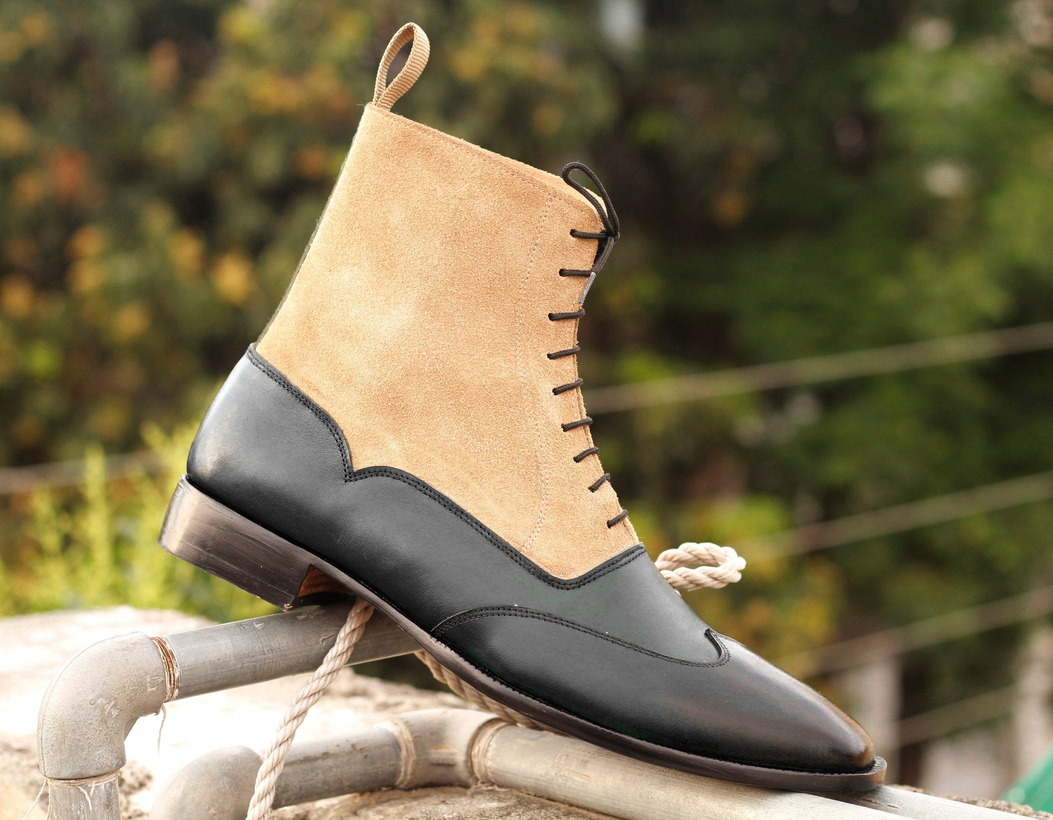 Men’s Handmade Beautiful Black Beige Wingtip Ankle High Boots, Mens Leather Suede Boots