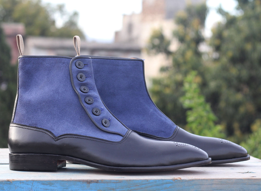 Men’s Leather Suede Blue Color Boots, Men’s Designer Ankle High Button Boots