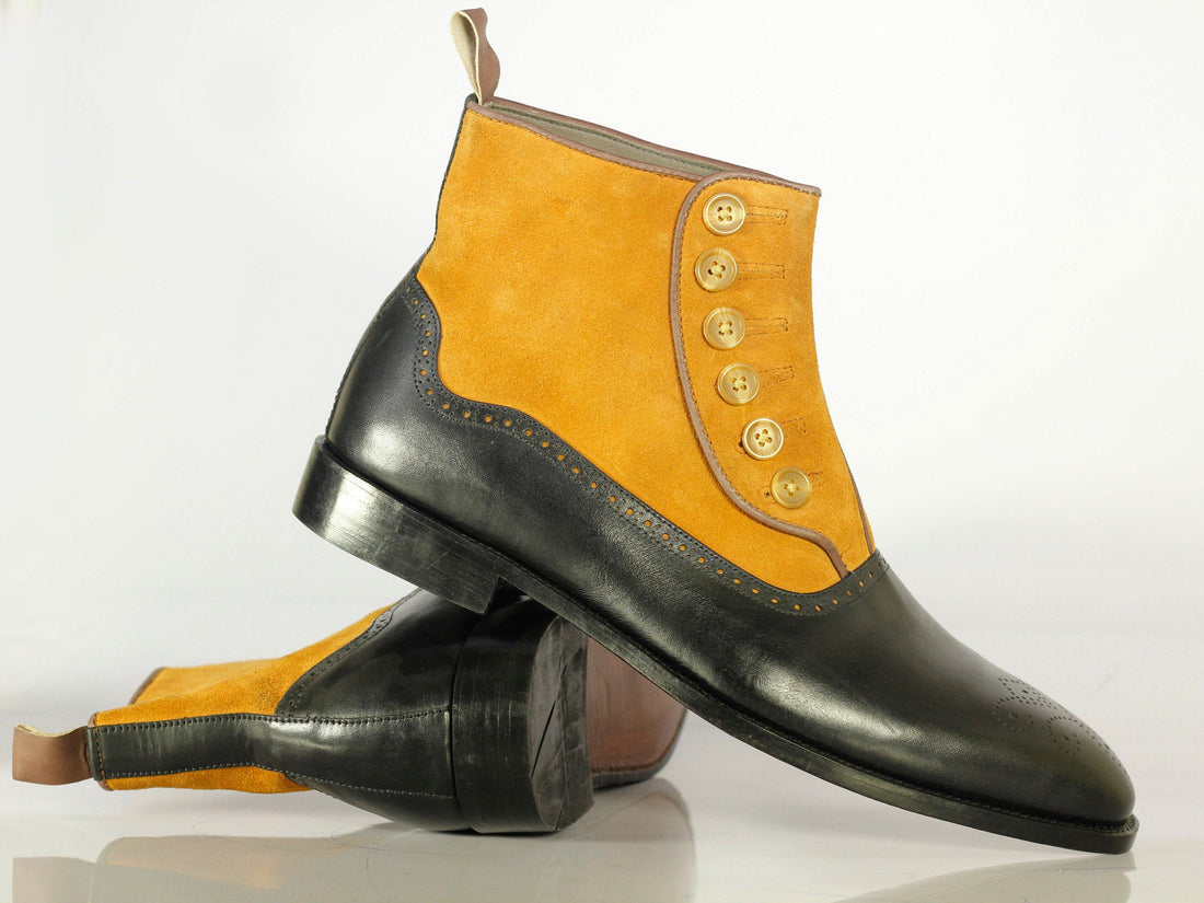 New Stylish Handmade Men's Black Yellow Brogue Toe Ankle High Boots, Men Leather Suede Button Boots