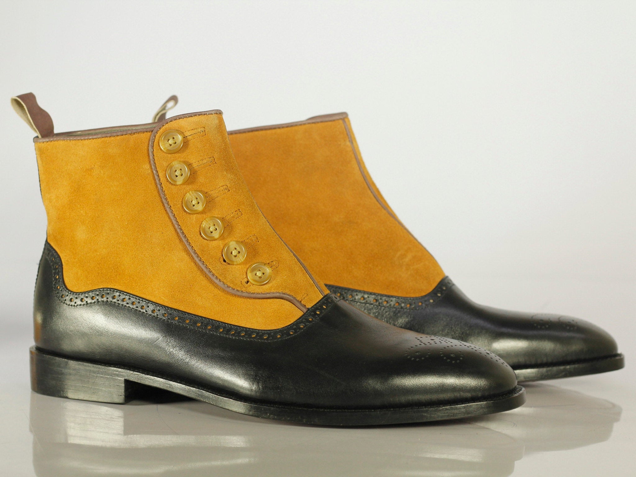 New Stylish Handmade Men's Black Yellow Brogue Toe Ankle High Boots, Men Leather Suede Button Boots