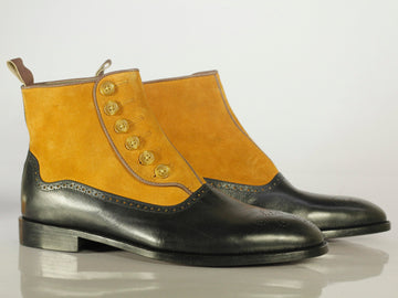 New Stylish Handmade Men's Black Yellow Brogue Toe Ankle High Boots, Men Leather Suede Button Boots