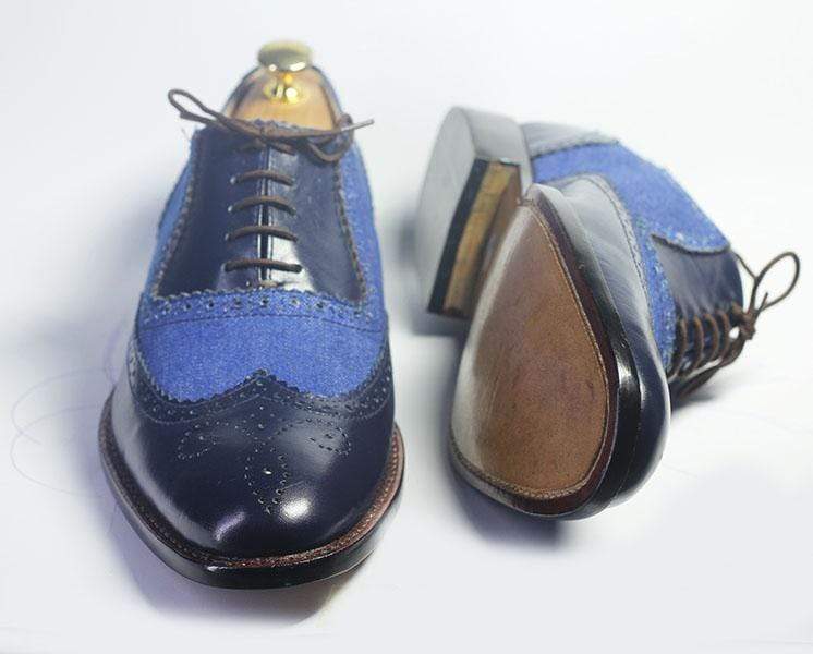 Men’s Handmade Formal Black Blue Wingtip Brogue Shoes, Men’s Leather &amp; Denim Designer Lavish Shoes