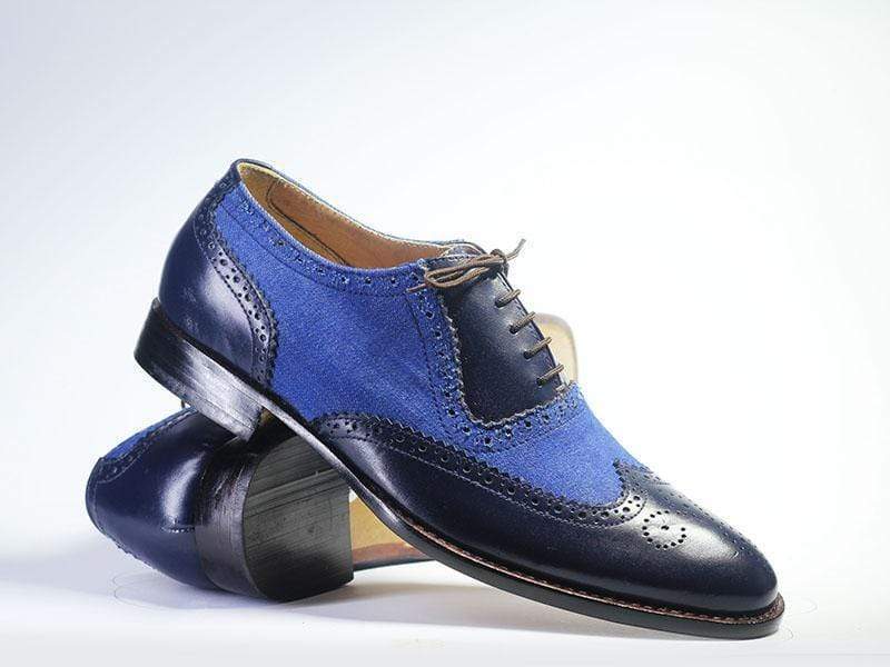 Men’s Handmade Formal Black Blue Wingtip Brogue Shoes, Men’s Leather &amp; Denim Designer Lavish Shoes