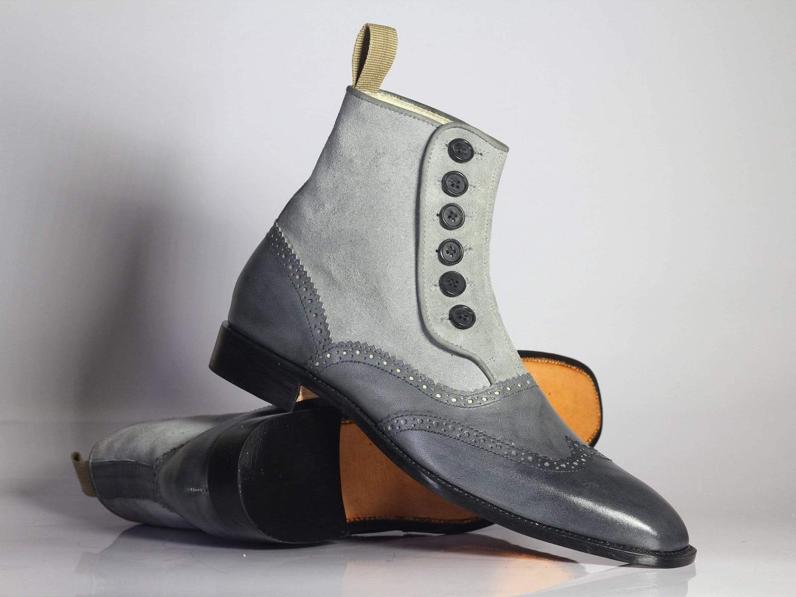 Stylish New Designer Handmade Men's Gray Wing Tip Ankle Boots, Men Leather Suede Button Boots