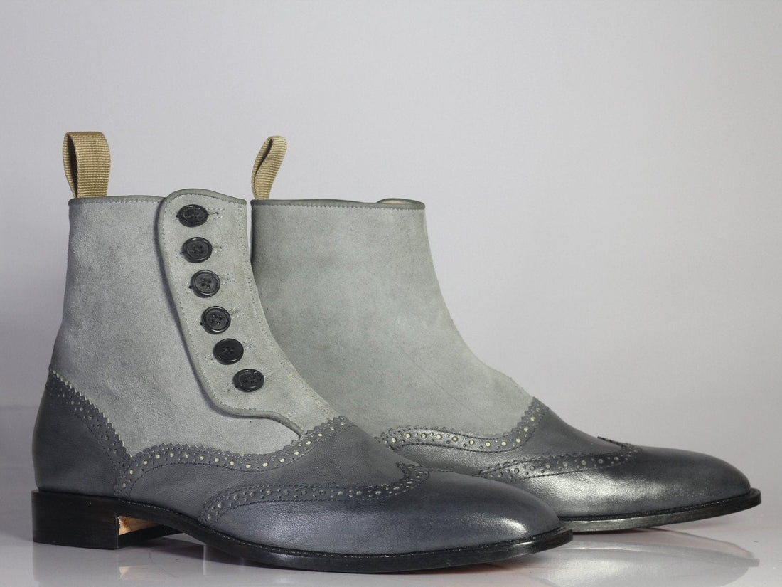 Stylish New Designer Handmade Men's Gray Wing Tip Ankle Boots, Men Leather Suede Button Boots