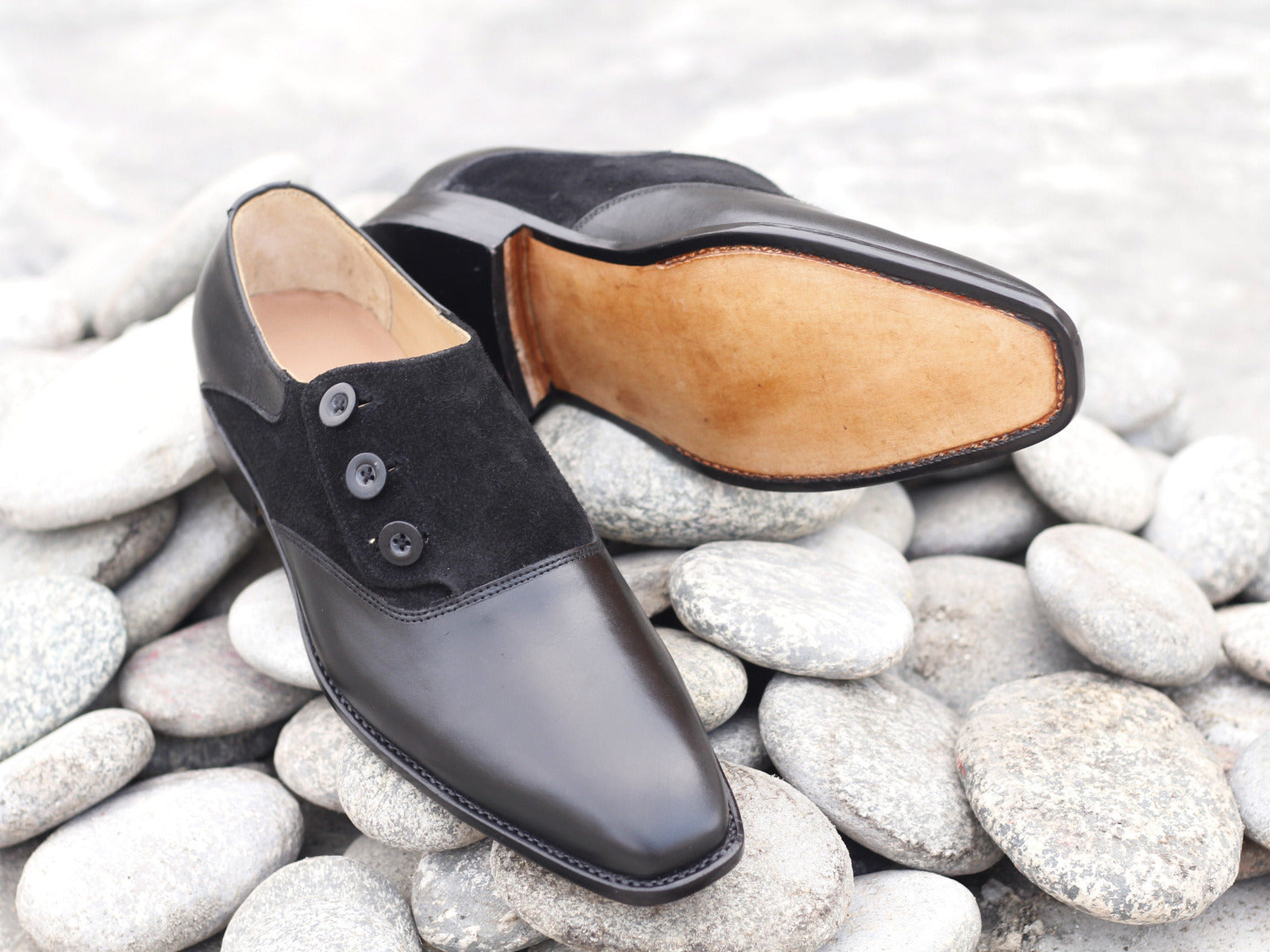 Handmade Awesome Mens Black Color Leather Suede Button Style Oxford Shoes