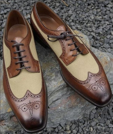 Stylish New Handmade Men's Brown Beige Wing Tip Brogue Leather Suede Shoes, Men Designer Shoes