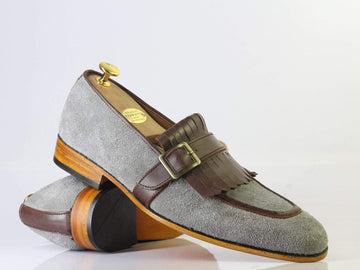 New Men's Handmade Brown Gray Monk Strap & Fringes Leather Suede Shoes, Men Designer Shoes