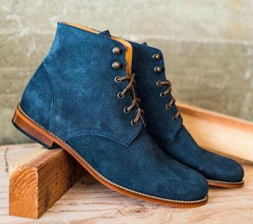 New Men's Handmade Blue Suede Lace Up Ankle Boots, Men Designer Fashion Dress Boots