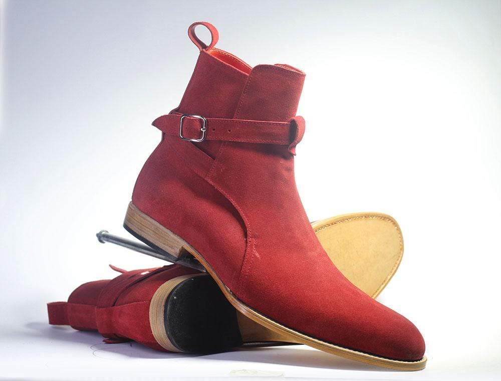 Mens Handmade Red Color Suede Ankle High Stylish Boots, Men Jodhpur Boots