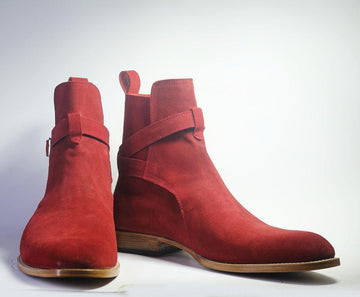 Mens Handmade Red Color Suede Ankle High Stylish Boots, Men Jodhpur Boots